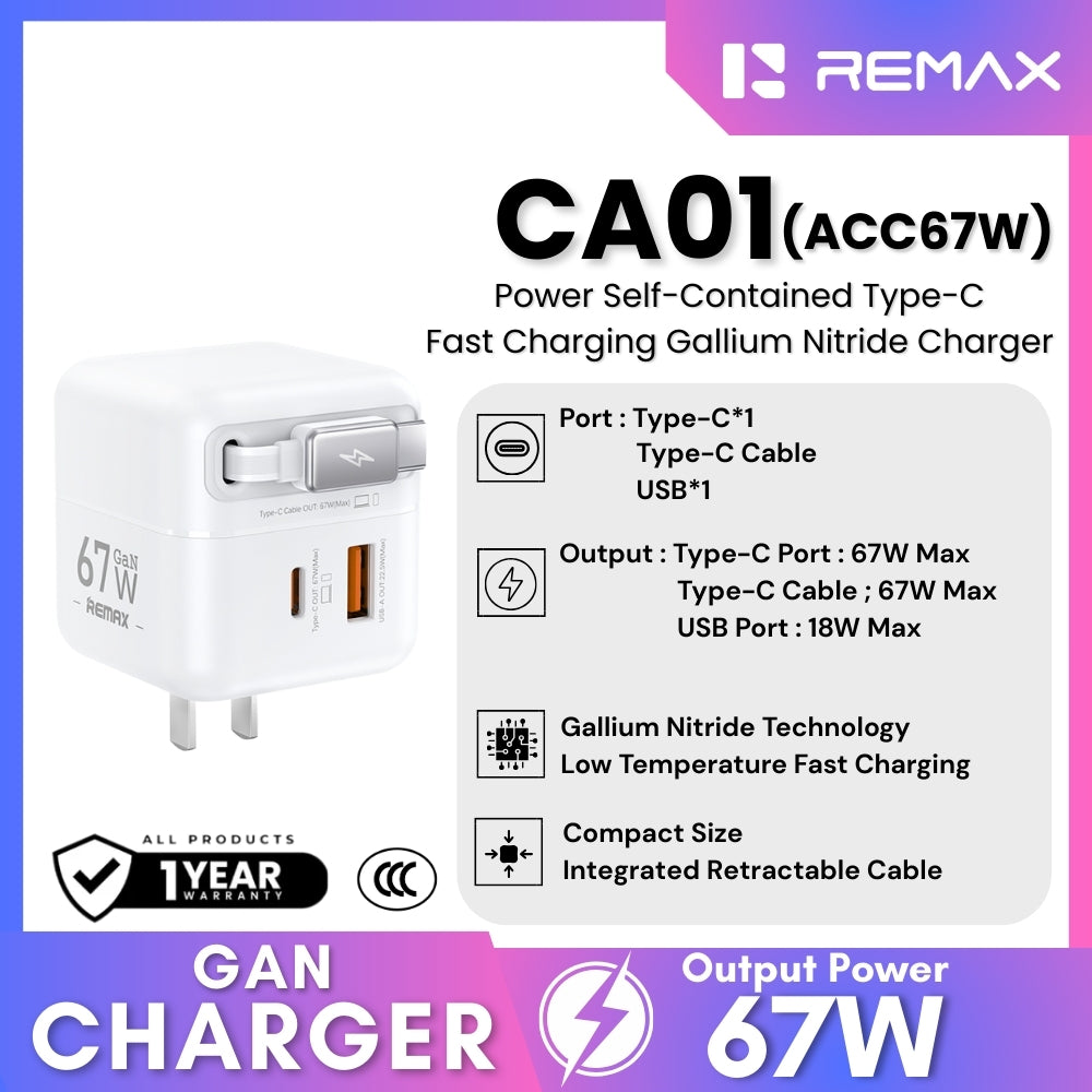 REMAX - CA01 ACC67W Power Self-Contained Retractable Type-C Cable Gallium Nitride Gan Charger - White