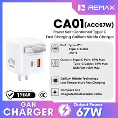 REMAX - CA01 ACC67W Power Self-Contained Retractable Type-C Cable Gallium Nitride Gan Charger - White