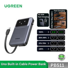 UGREEN - PB511  Uno 10000mAh 30W 1C1A Power Bank With 1*30W Built-in Cable - Space Gray