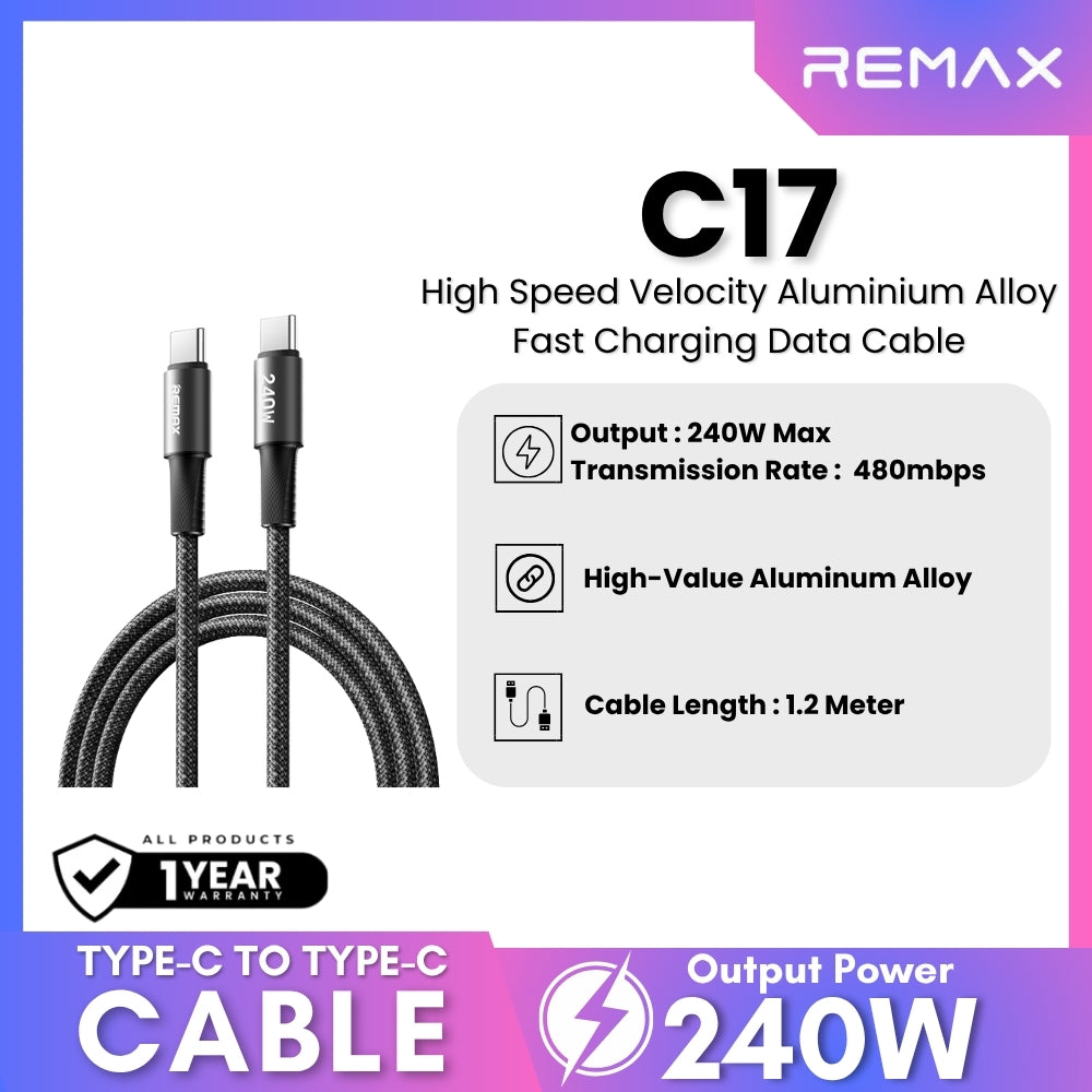 REMAX - C17 Velocity Aluminium Alloy Type-C To Type-C Fast Charging Data Cable (240W) - Black