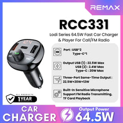 REMAX - RCC331 Lodi Series Call/FM Player Fast Car Charger (64.5W) - Black
