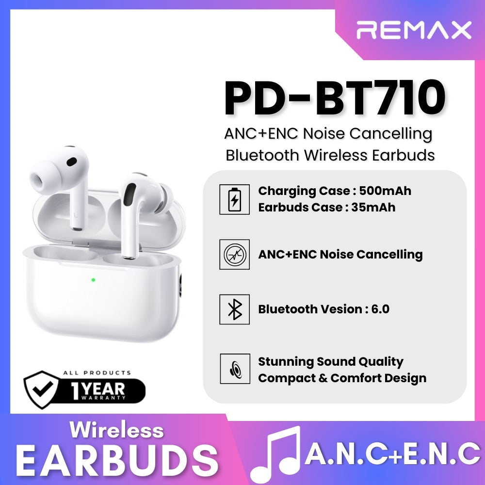 REMAX - PD-BT710 ANC+ENC Noise Cancelling Bluetooth Wireless Earbuds (ANC+ENC) - White