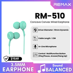 REMAX - RM-510 Concave Convex 3.5mm Wired Earphone - Tiffany Blue