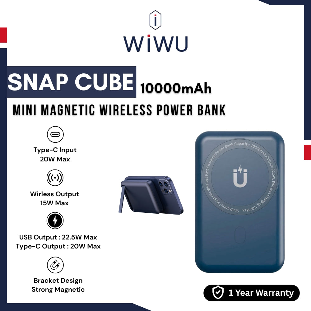 WIWU - Snap Cube 10000mAh PD+QC Magnetic Wireless Power Bank (20W+22.5W) - Blue