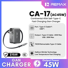REMAX - CA-17 Continental 45W Retractable Type-C Cable Fast Charging Gan Charger - Tarnish