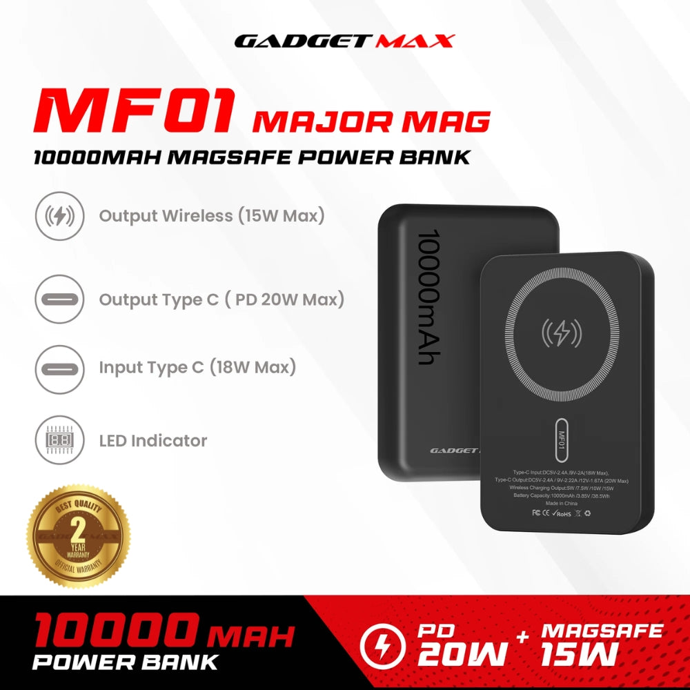 GADGET MAX - Major Mag MF01 10000mAh Magsafe Power Bank (Wireless 15W/PD 20W) - Black