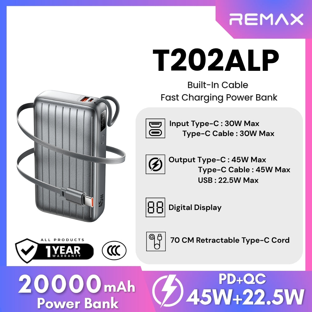 REMAX - T202ALP 20000mAh Built-In-Cable Fast Charging Power Bank ( PD45W+QC22.5W )- Grey
