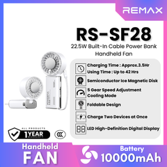 Remax - RS-SF28 10000mAh 2 In 1 Built-In Cable Power Bank Handheld Fan - White