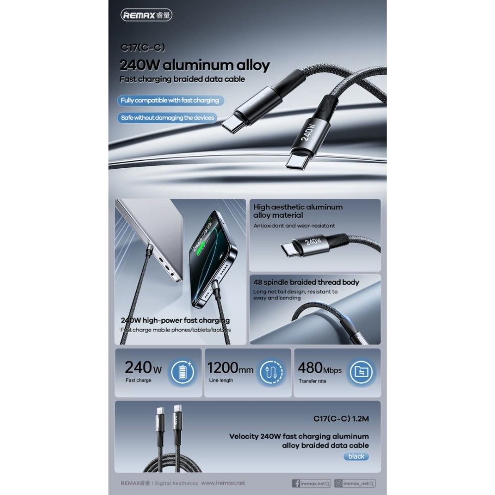 REMAX - C17 Velocity Aluminium Alloy Type-C To Type-C Fast Charging Data Cable (240W) - Black
