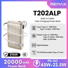 REMAX - T202ALP 20000mAh Built-In-Cable Fast Charging Power Bank ( PD45W+QC22.5W )- Silver