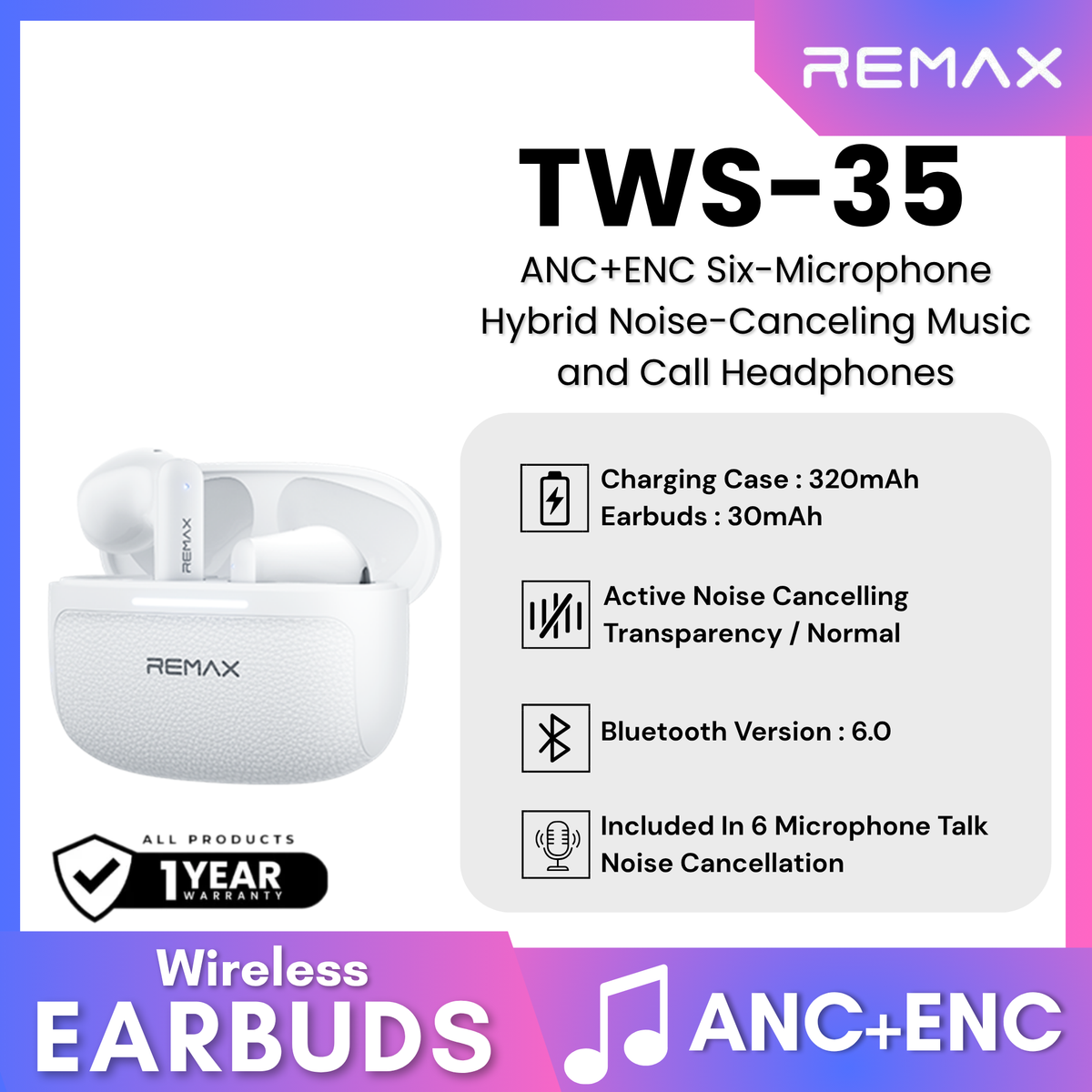 REMAX - TWS-35 ANC+ENC Six-Microphone Hybrid Noise-Canceling Music and Call Wireless Earbuds - White