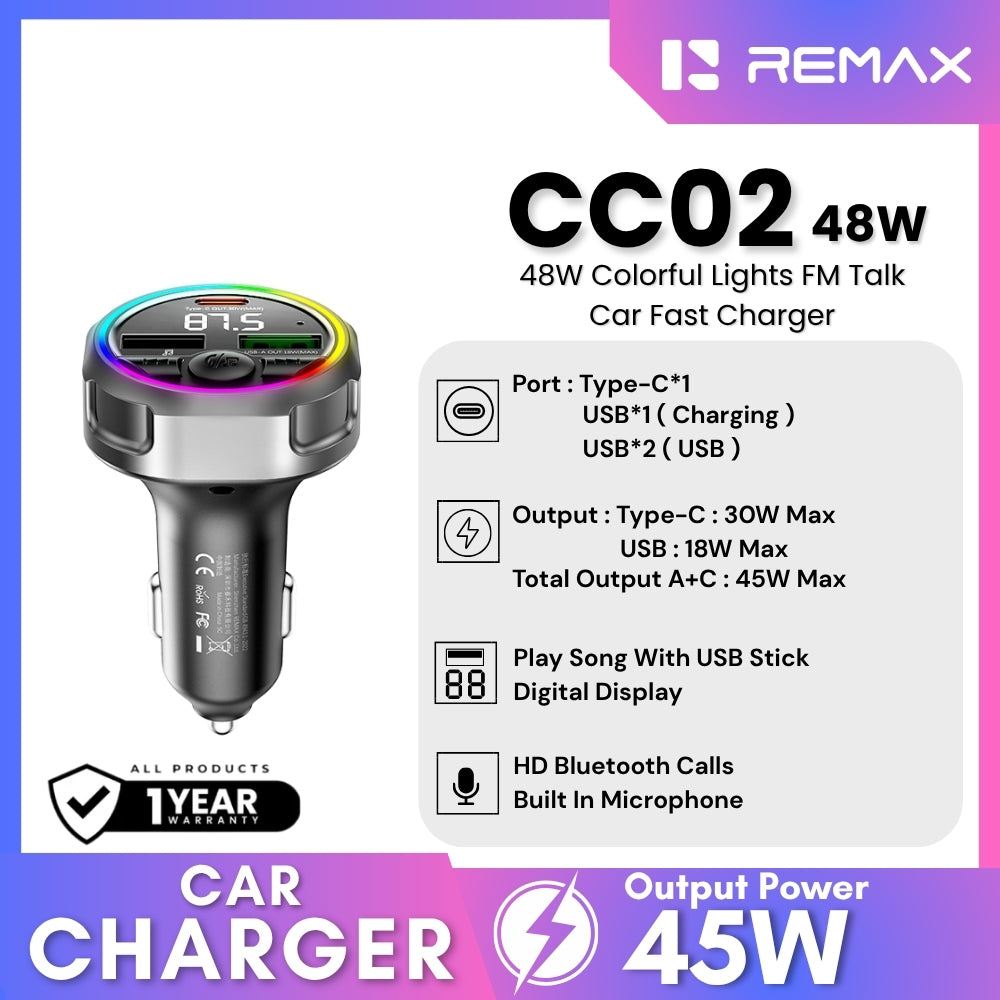 REMAX - CC02 45W Colorful Light FM Talk Fast Car Charger - Black