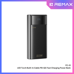 REMAX - FC-12 20000mAh 20W+22.5W Torch Light Built-In-Cable Fast Charging Power Bank - Black