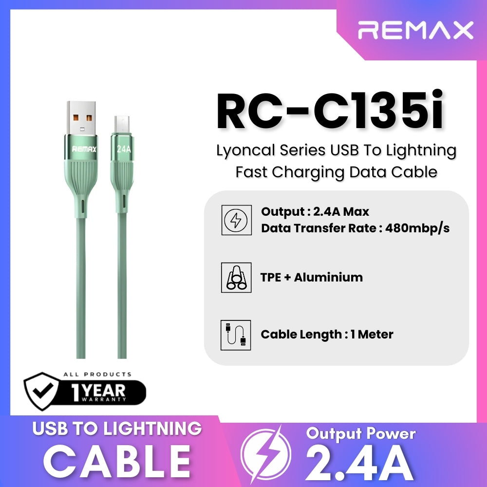 REMAX - RC-C135i Lyoncal Series USB to Lightning Fast Charing Data Cable ( 2.4A ) - Green