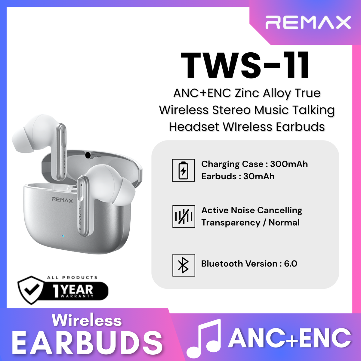 REMAX - TWS-11 ANC+ENC Zinc Alloy True Wireless Stereo Music Talking Wireless Earbuds - Silver