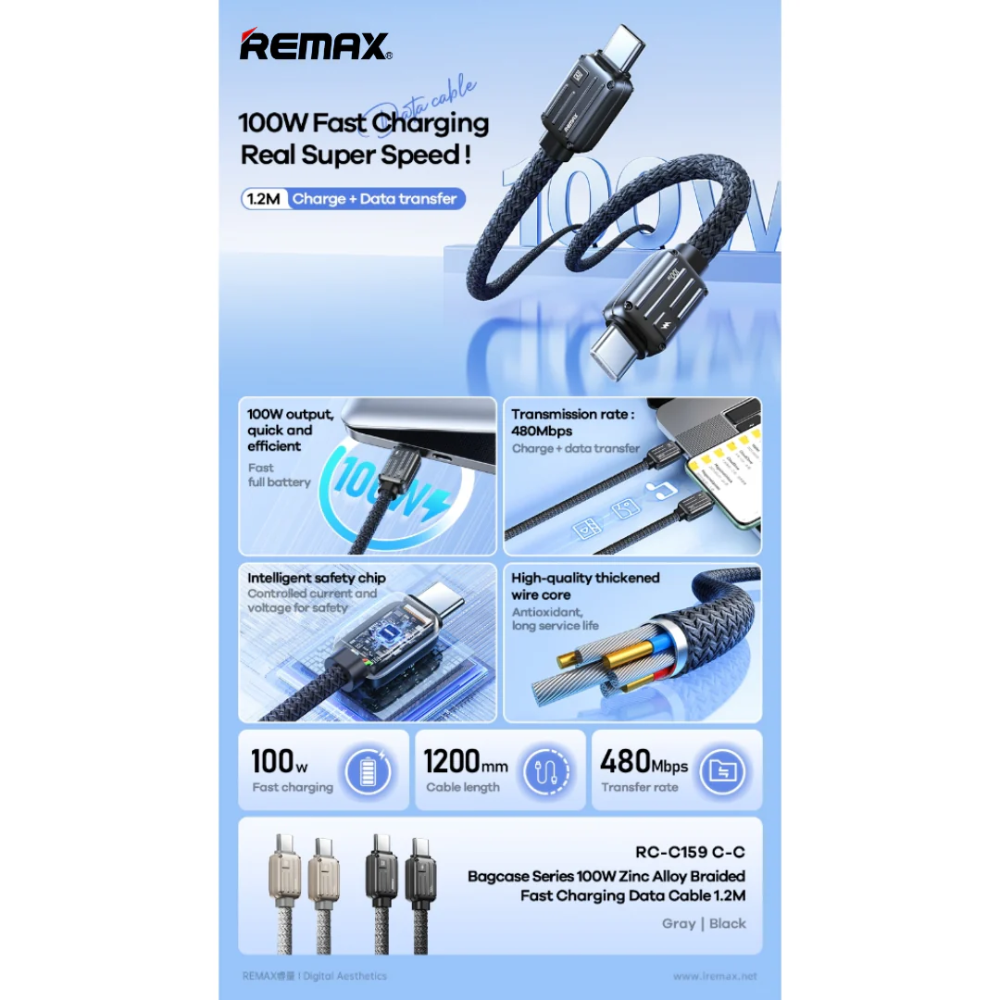 100W ( C to C )-REMAX RC-C159 Bagcase Series 100W Type-C to Type-C PD Fast Charging Data Cable - Black