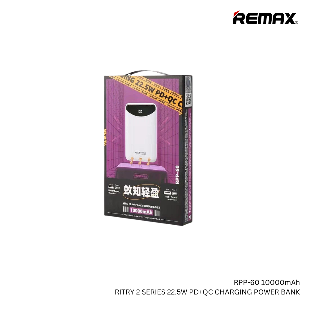 REMAX RPP-60 10000mAh RITRY 2 SERIES 22.5W PD+QC CHARGING POWER BANK(Black)