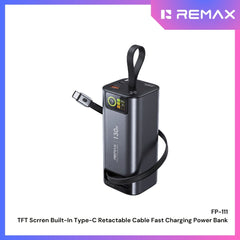 [ Pre-Order ] REMAX -  FP-111 20000mAh TFT Scrren Built-In Type-C Retactable Cable Fast Charging Power Bank - Black