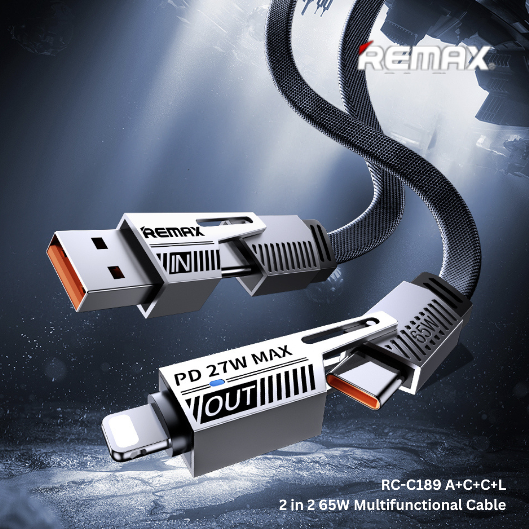 Remax RC-C189 A+C+ C+L 2-In-2 65W Multifunctional Zinc Alloy Data Cable USB+TYPE-C TO TYPE-C+IPH (1M) - Black