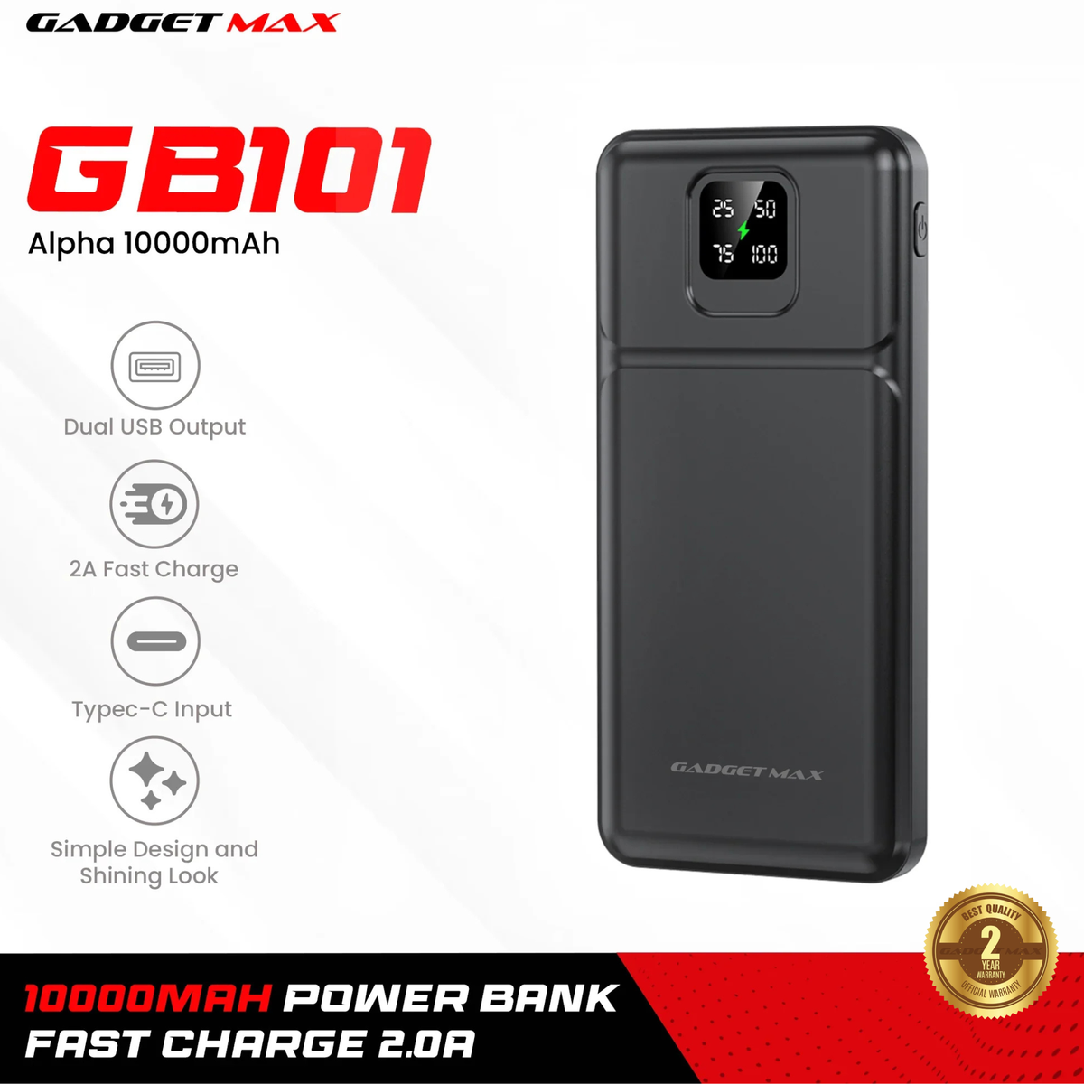 GADGET MAX GB101 Alpha Series 10000mAh Power Bank - Black