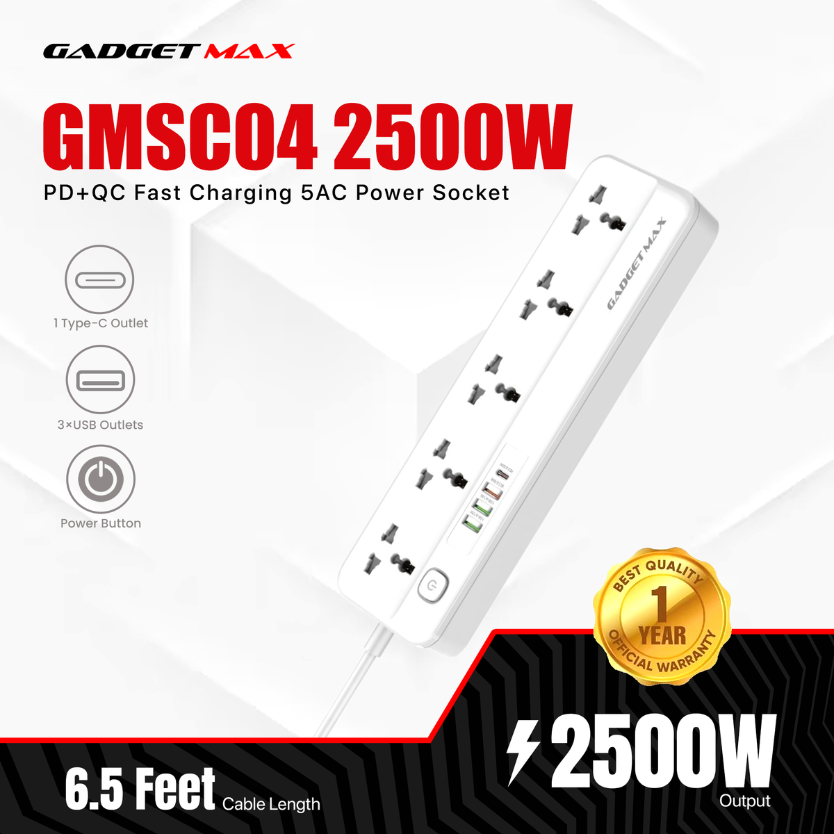 GADGET MAX GMSC04 2500W PD+QC FAST CHARGING 5AC POWER SOCKET WITH 6.5 FEET CABLE LENGTH