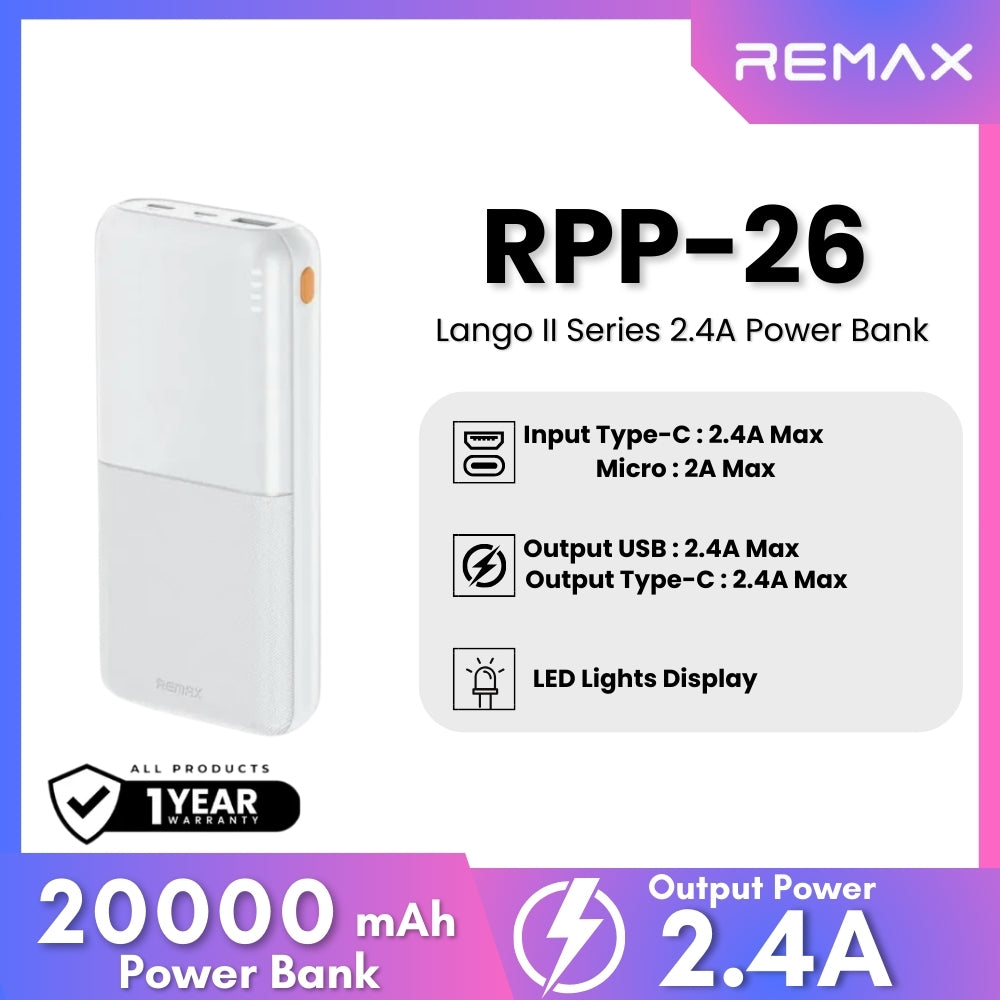 REMAX RPP-26 Lango 2 Series 20000mAh Fast Charging Power Bank(2.4A) - White