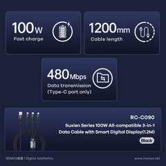 REMAX RC-C090 Suxien Series 100W All Compatible 3 In 1 Data Cable With Smart Digital Display