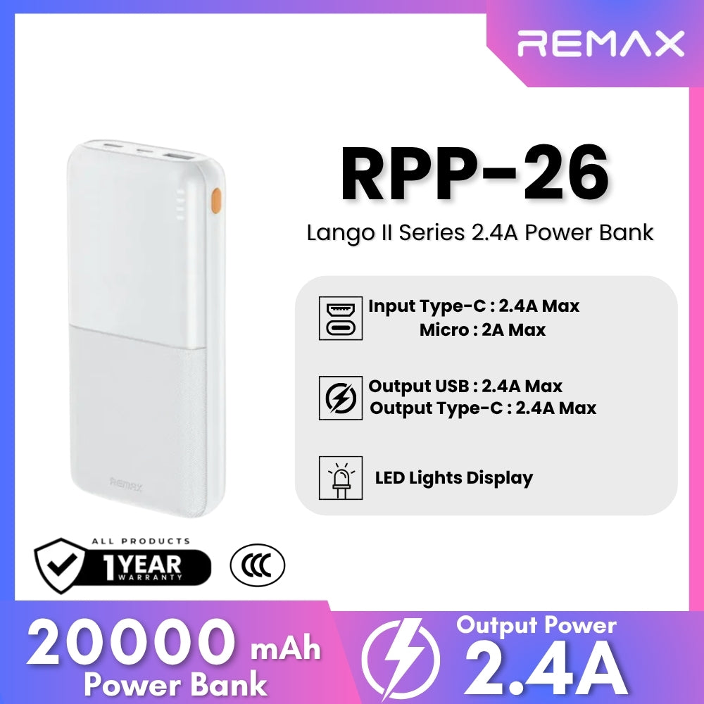 REMAX RPP-26 Lango 2 Series 20000mAh Fast Charging Power Bank(2.4A) - White