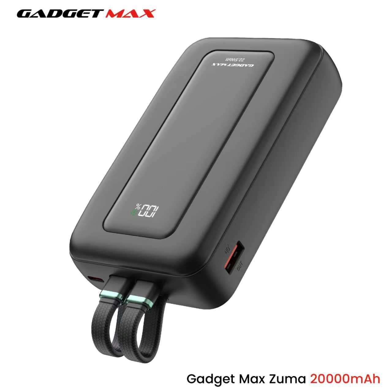 GADGET MAX - ZUMA 20000mAh PD+QC Built-In Cabe Fast Charging Power Bank (20W+22.5W) - Black
