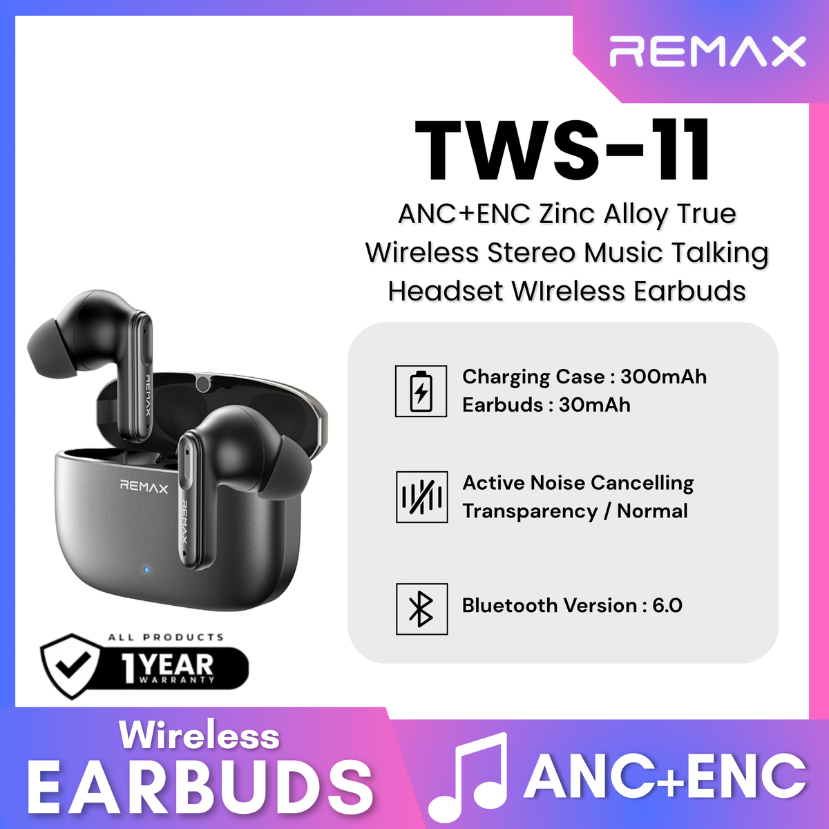 REMAX - TWS-11 ANC+ENC Zinc Alloy True Wireless Stereo Music Talking Wireless Earbuds - Tarnish