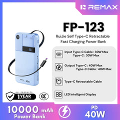 REMAX - FP-123 10000mAh RuiJie 40W Self Type-C Cable Retractable Fast Charging Power Bank - Blue