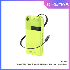 REMAX - FP-123 10000mAh RuiJie 40W Self Type-C Cable Retractable Fast Charging Power Bank - Green