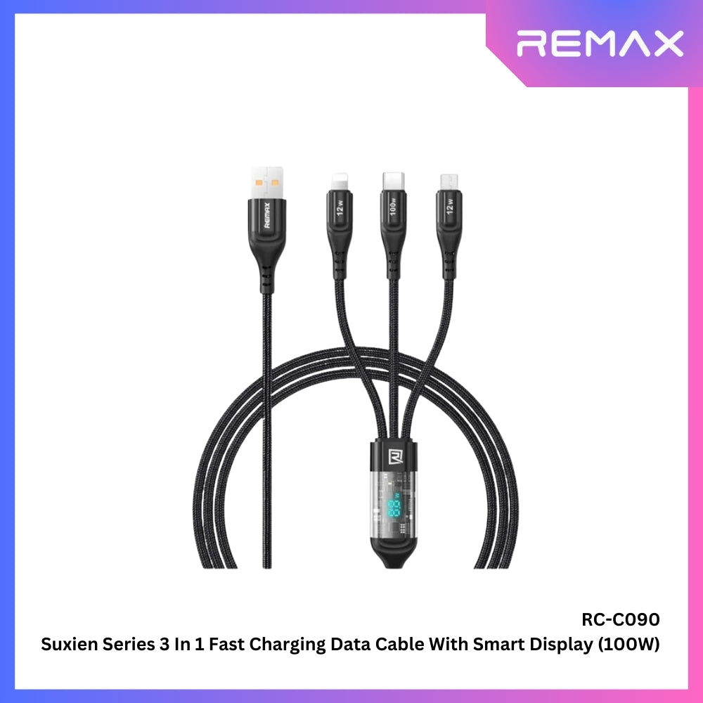 REMAX - RC-C090 Suxien Series 3 In 1 Smart Digital Display Fast Charging Data Cable ( 100W ) - Black