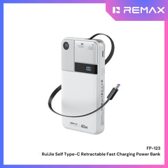 REMAX - FP-123 10000mAh RuiJie 40W Self Type-C Cable Retractable Fast Charging Power Bank - Grey