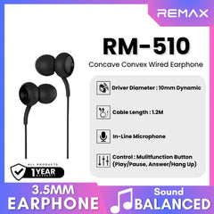 REMAX - RM-510 Concave Convex 3.5mm Wired Earphone - Black