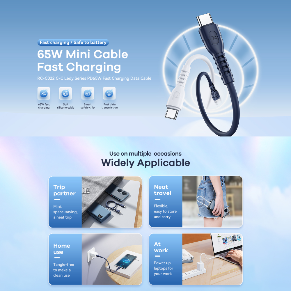 65W ( C to C )-REMAX RC-C022 C-C Ledy Series 65W Type-C to Type-C Fast Charging Data Cable - White