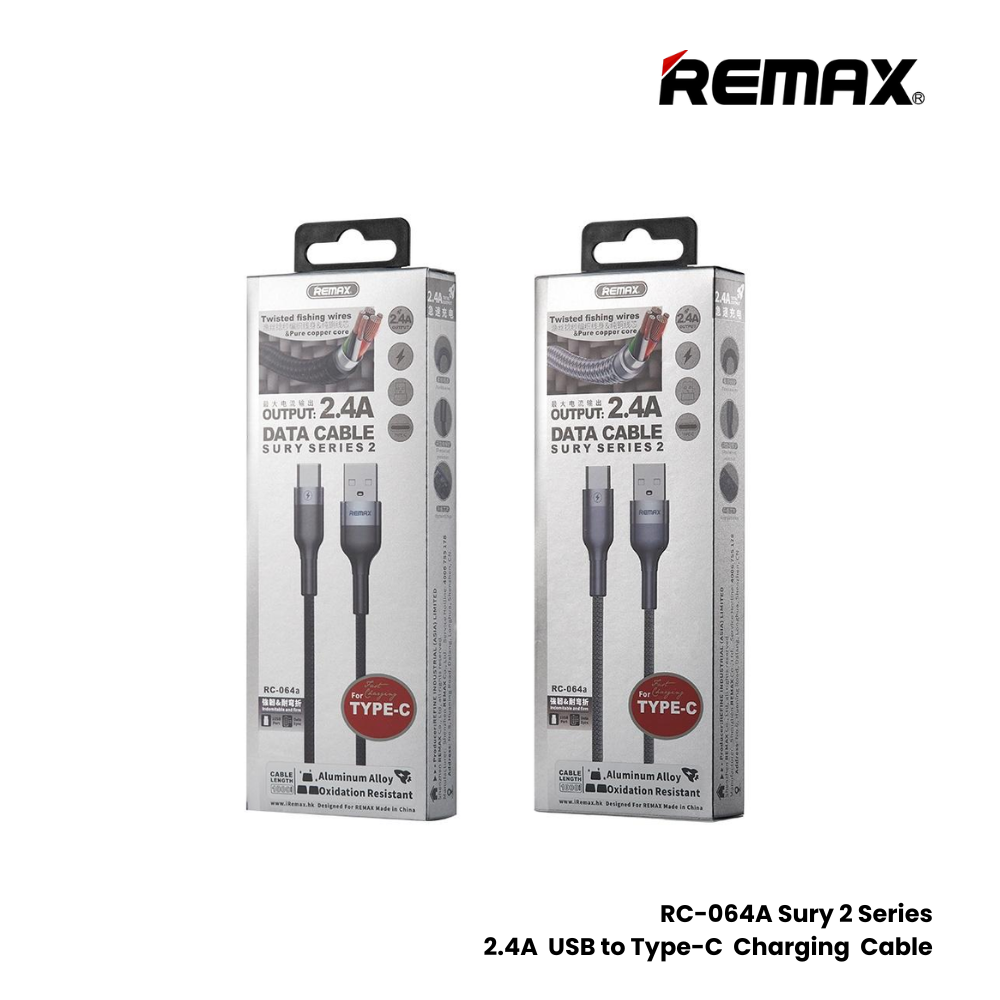 2.4A ( Type-C )-REMAX RC-064A Sury 2 Series 2.4A USB to Type-C Charging Data Cable - Black