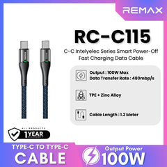 REMAX - RC-C115 C-C IntelyeleC Series Type-C to Type-C Fast Charging Auto Power Off Charging Data Cable (100W) - Blue