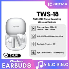 REMAX - TWS-18 ANC+ENC Noise Canceling Bluetooth Wireless Earbuds - White