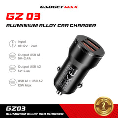 GADGET MAX - GZ03 12W Aluminiun Alloy Car Charger - Black