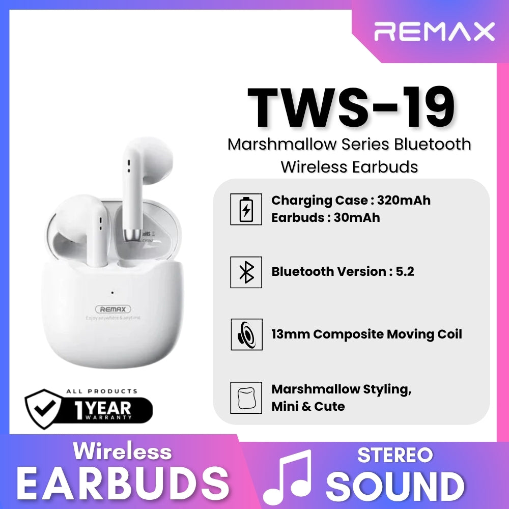 REMAX TWS-19 Marshmallow Series Wireless Bluetooth Earbuds - White