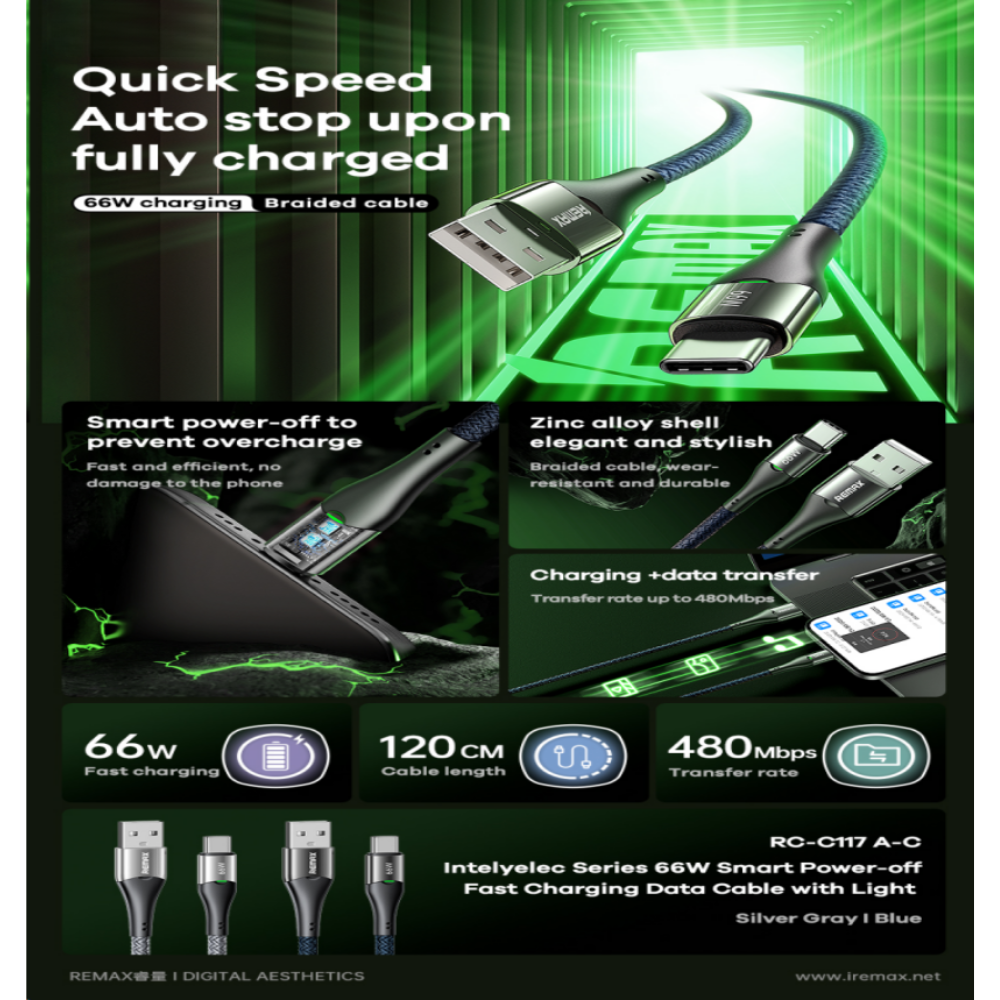 REMAX - RC-C117A Intelyelec Series USB to Type-C Fast Charging Auto Power Off Charging Data Cable ( 66W ) - Blue