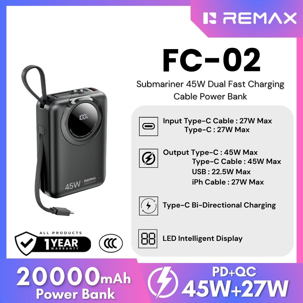 REMAX - FC-02 20000mAh Submariner 45W Dual Cable Fast Charging Power Bank ( 45W ) - Black Black