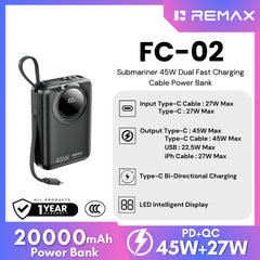 REMAX - FC-02 20000mAh Submariner 45W Dual Cable Fast Charging Power Bank ( 45W ) - Black Black