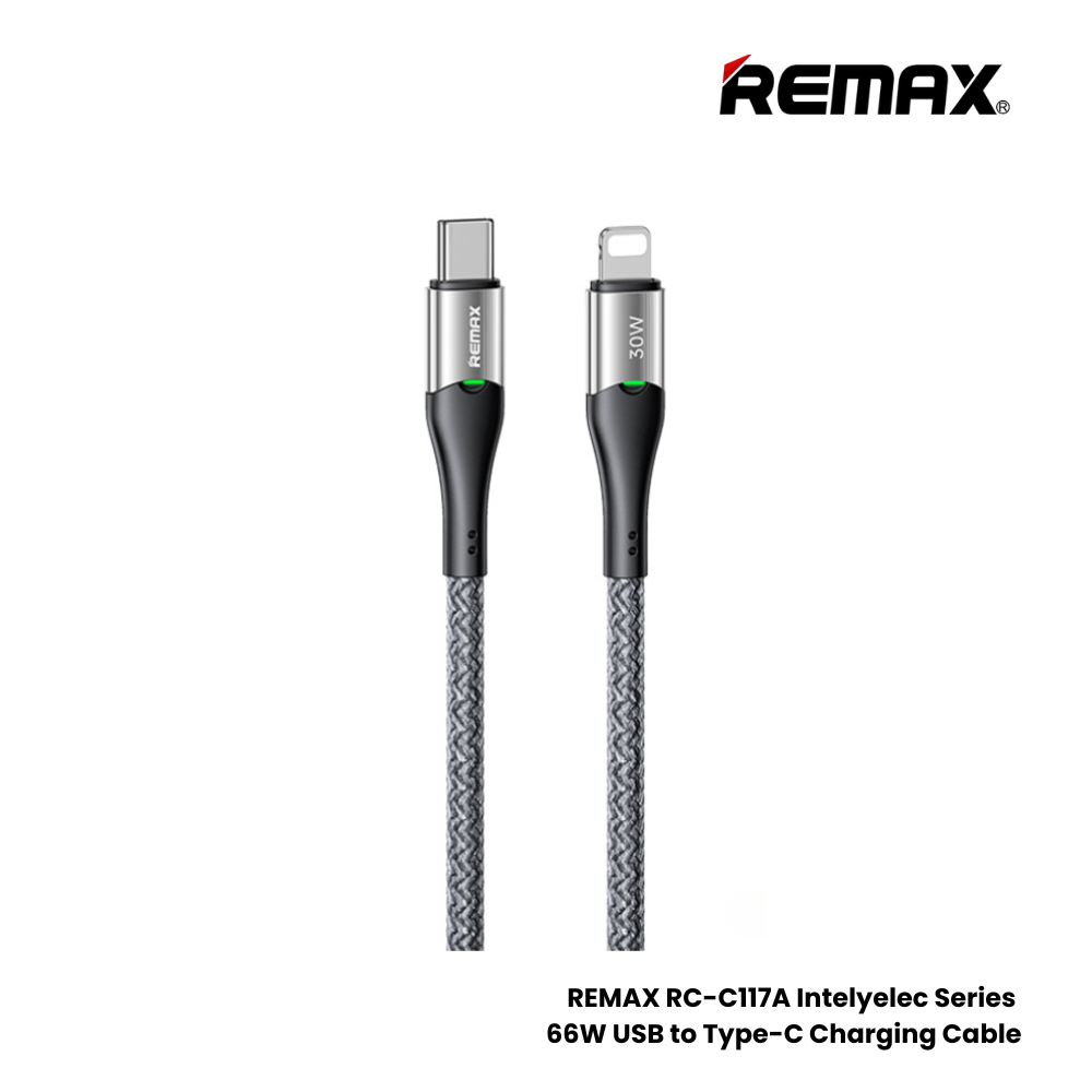 30W ( C to Lightning )-REMAX RC-C116 C-L Intelyelec Series 30W Type-C to Lightning Fast Charging Auto Power Off Charging Data Cable - Grey