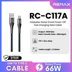 REMAX - RC-C117A Intelyelec Series USB to Type-C Fast Charging Auto Power Off Charging Data Cable ( 66W ) - Blue