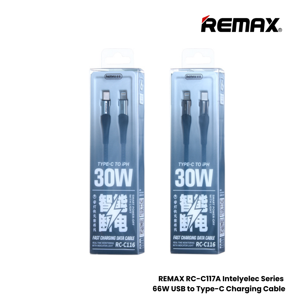 30W ( C to Lightning )-REMAX RC-C116 C-L Intelyelec Series 30W Type-C to Lightning Fast Charging Auto Power Off Charging Data Cable - Grey