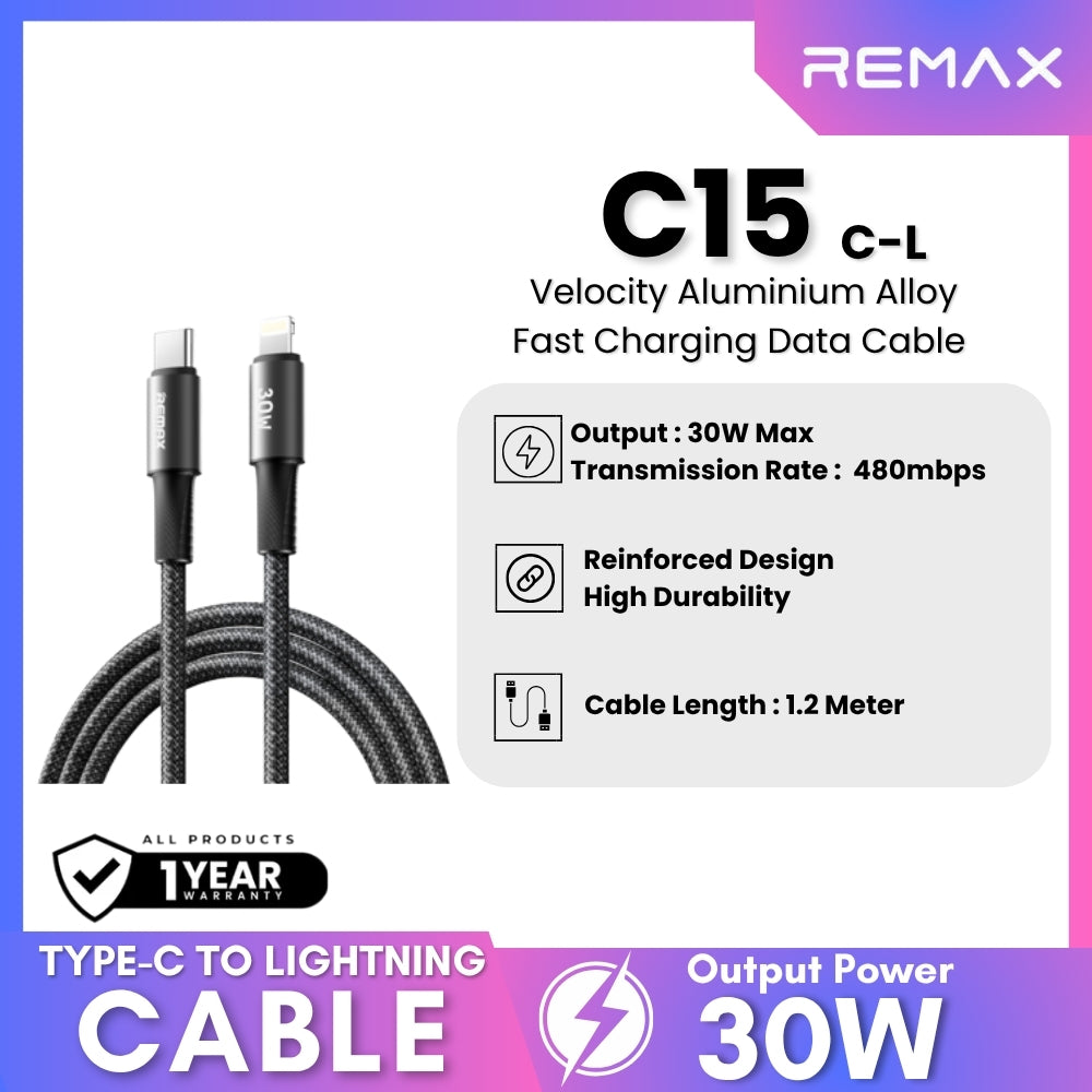 REMAX - C15 C-L Velocity Aluminium Alloy Type-C To Lightning Fast Charging Data Cable (30W) - Black