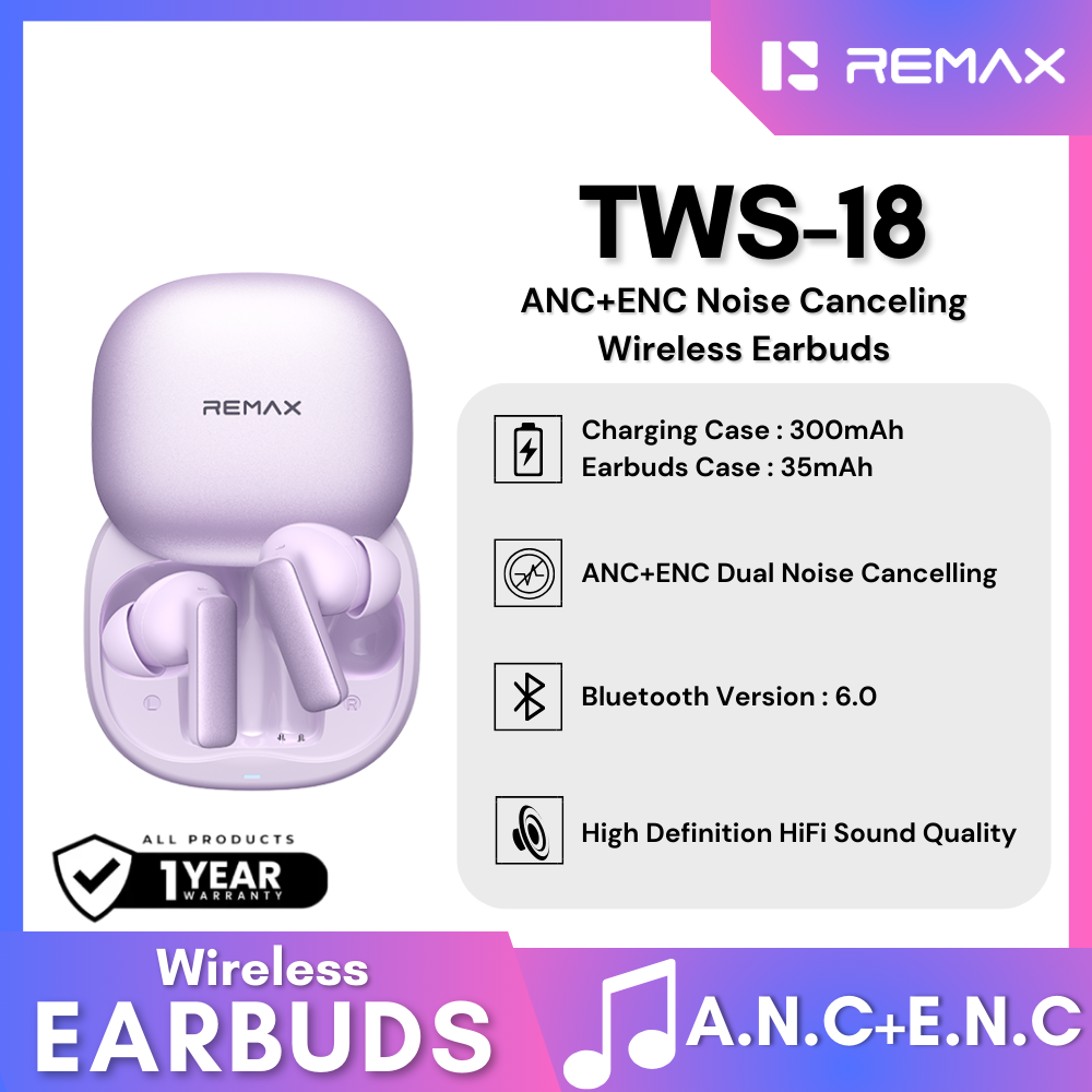REMAX - TWS-18 ANC+ENC Noise Canceling Bluetooth Wireless Earbuds - Purple