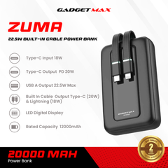 GADGET MAX - ZUMA 20000mAh PD+QC Built-In Cabe Fast Charging Power Bank (20W+22.5W) - Black